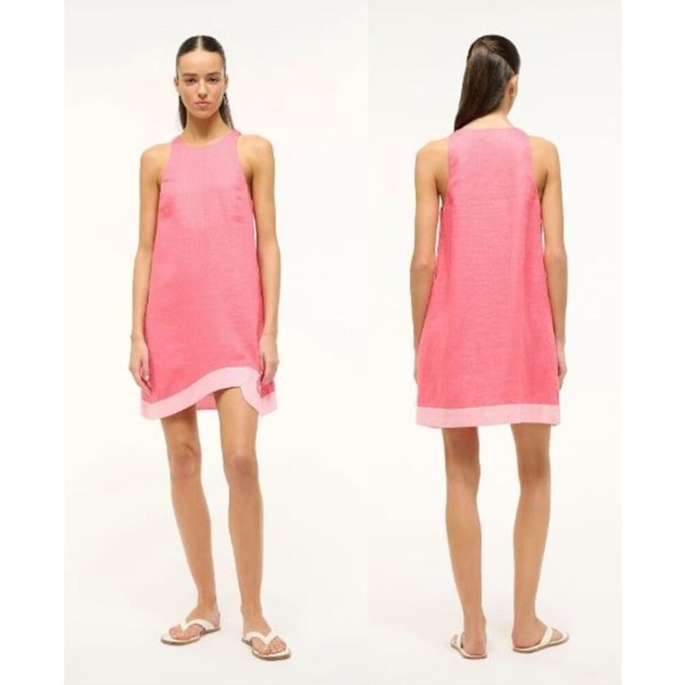 NEW STAUD Allori Linen Dress Coral Paradise/Pearl Pink Asymmetric Hem Size XL